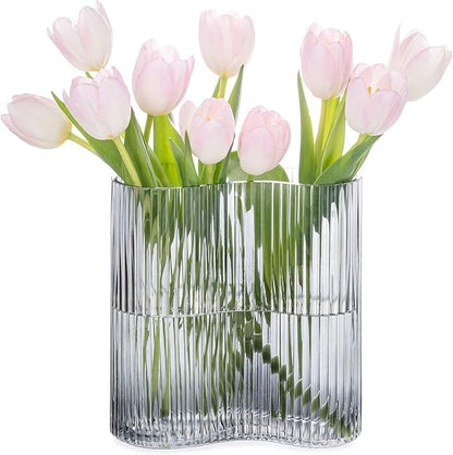 Glass Vase for Centerpieces,Modern Large Vase for Flowers,Footprint Shape Striped Bottle for Home,Office Restaurant Desk Decor 8.3 Inch(Gray)