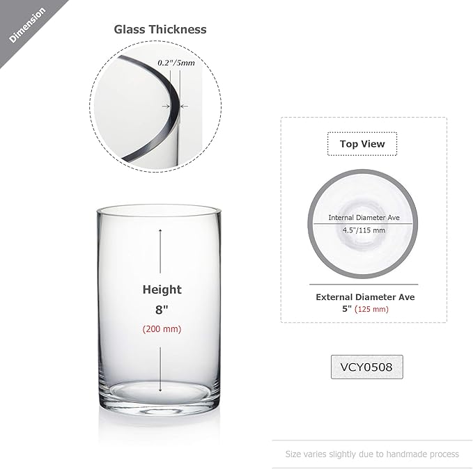WGV Cylinder Vase Bulk, Diameter 5", Height 8", Clear Glass Floral Planter Container, Floating Candle Holder for Wedding Party Event Home Office Decor, 6 Pieces