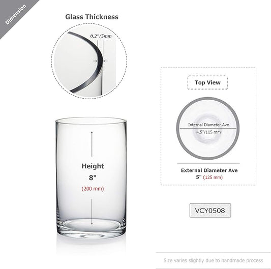 WGV Cylinder Vase Bulk, Diameter 5", Height 8", Clear Glass Floral Planter Container, Floating Candle Holder for Wedding Party Event Home Office Decor, 12 Pieces