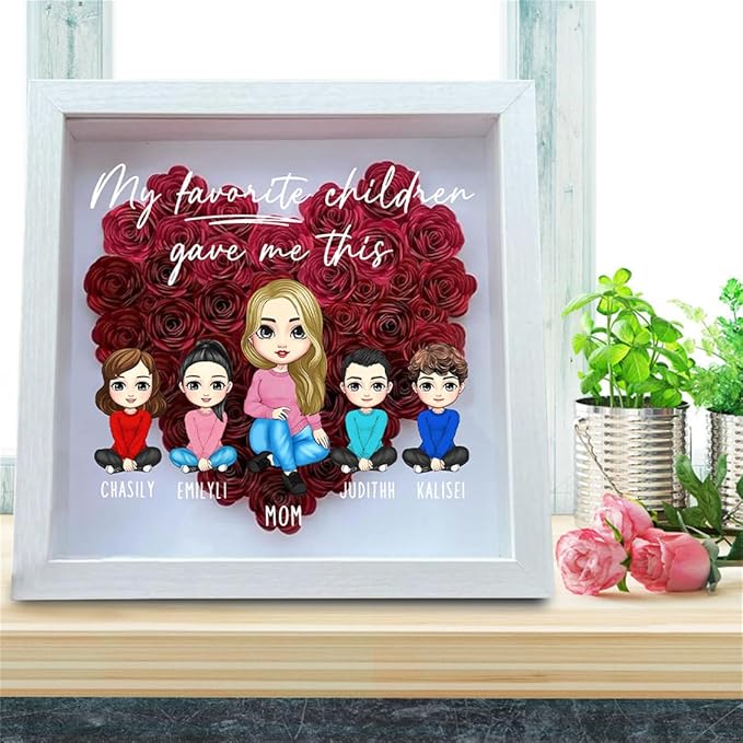 Personalized Mom Flower Shadow Box Custom Heart Shaped Rose Flower Shadow Box Frame To My Daughter Mother's Day Portrait Shadowbox Memory Gifts for Mom from Daughter Christmas Birthday