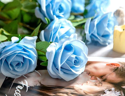 DuHouse 10pcs Fake Roses Artificial Silk Flowers Faux Rose Flower Long Stems Bouquet for Arrangement Wedding Centerpiece Party Home Kitchen Decor (Sky Blue)