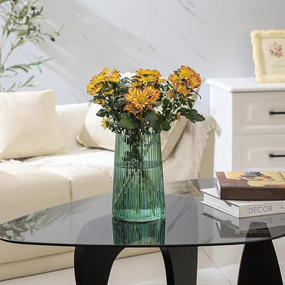 Green Glass Vase for Flower, Flower Vase for Bouquet, Modern Glass Vases, Ribbed Vases for Living Room, Bedroom, Dining Table, Office, Wedding, Centerpieces, 8 Inches