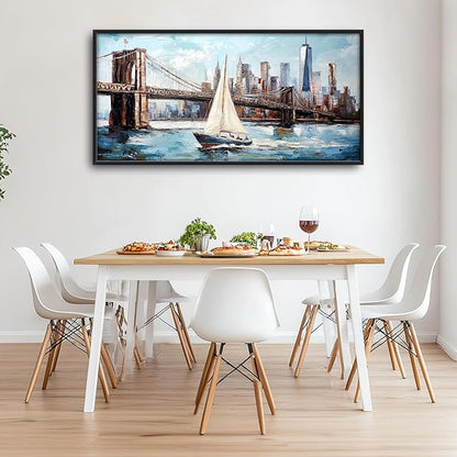 Extra Large Sailboat Framed Wall Art for Living Room,Oversized New York Brooklyn Bridge Pictures Wall Decor,Cityscape Canvas Print Painting Modern Artwork Bedroom Office Bathroom 60L x 30W