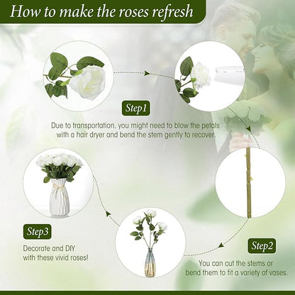 Hotop 40 Pcs Rose Artificial Flowers Bulk with Long Stem,Realistic Silk Fake Roses Bouquet for Home Wedding Centerpieces Party Table Decoration Valentines Gifts(White)
