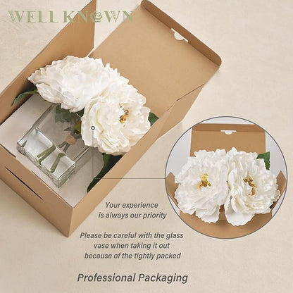 Artificial Peonies Flowers Arrangements in Cube Glass Vase, WELLKNOWN Ivory White Silk Flower Centerpieces for Dining Room Table, Coffee Table Decor, Faux Peony Flowers with Faux Water