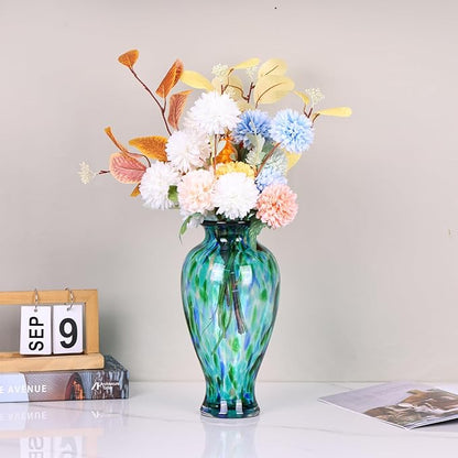 Hand Blown Glass Vase 11.8" Tall Beautiful Turquoise Sea Wide Mouth Bud Vase for Table Centerpiece, Painted Colorful Murano Glass Flower Vases for - Home Entrance Wedding Center