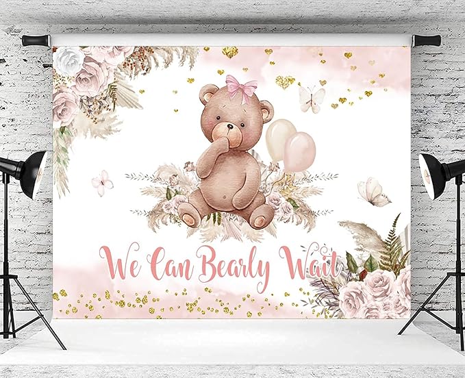 9x6ft Bear Baby Shower Backdrop Boho Pink Floral We Can Bearly Wait Photography Background It’s a Girl Baby Shower Party Banner Decorations Supplies Photo Booth Props