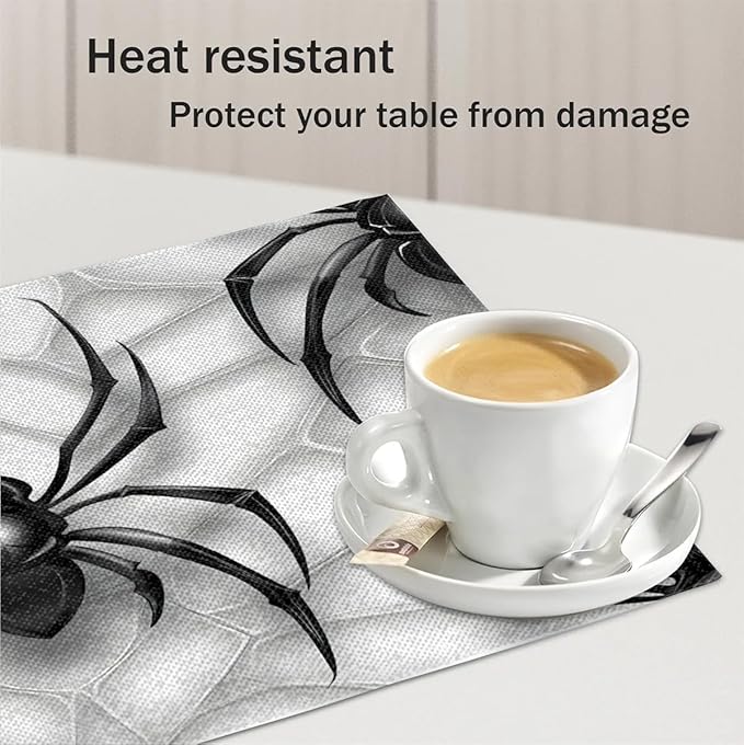 Black Spiders Placemats Set of 6, Washable Linen Place Mats, Spiders Web Table Mats for Kitchen Dining Table Decor Heat Resistant Tablemats 12x18