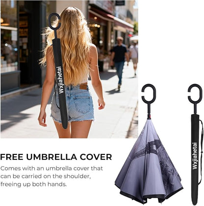 Inverted Umbrella, 49 Inch Double-Layer Vented Reverse Umbrella, Windproof Waterproof UV Protection, Lightweight C-Handle, Fiberglass Ribs, Steel Shaft, Travel/Commute/Car Use, With Sleeve