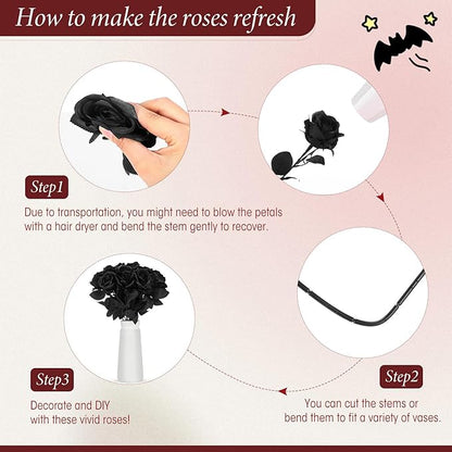 Hotop 40 Pcs Rose Artificial Flowers Bulk with Long Stem,Realistic Silk Fake Roses Bouquet for Home Wedding Centerpieces Party Table Decoration Valentines Gifts(Solid Black)