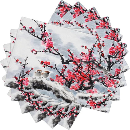 Ink Painting Cherry Blossoms Placemats Set of 4,Vintage Chinese Art Ink Painting Flower Linen Placemats Decoration for Family Dinners, Party, Holidays, Gathering 6 PCS