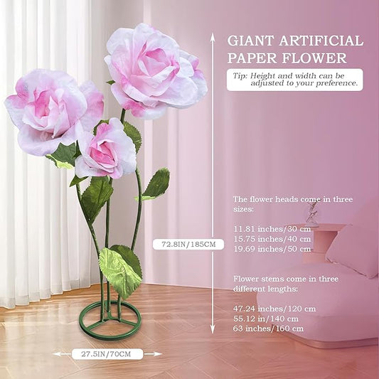 3pc Giant Flowers for Decoration - Indoor Outdoor Decor Huge Paper Flower, Realistic Faux Rose Flowers for Wedding, Birthday, Home Decor, Photography Props, Mall Display, Party Background Decor (Pink)