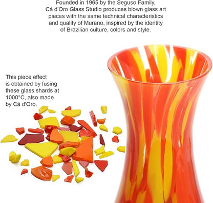 Ca D Oro Glass Vase Orange/Yellow Confetti Effect Hand Blown Murano-Style Art Glass for Flower, Room Decoration and Centerpiece - Model Nº 83