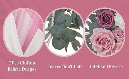 Ting's time Artificial Wedding Arch Flowers Kit(Pack of 4) 2pcs Large Artificial Flower Swags with 2pcs Draping Fabric for Wedding Party Ceremony Decoration(Blush&Rose Red)
