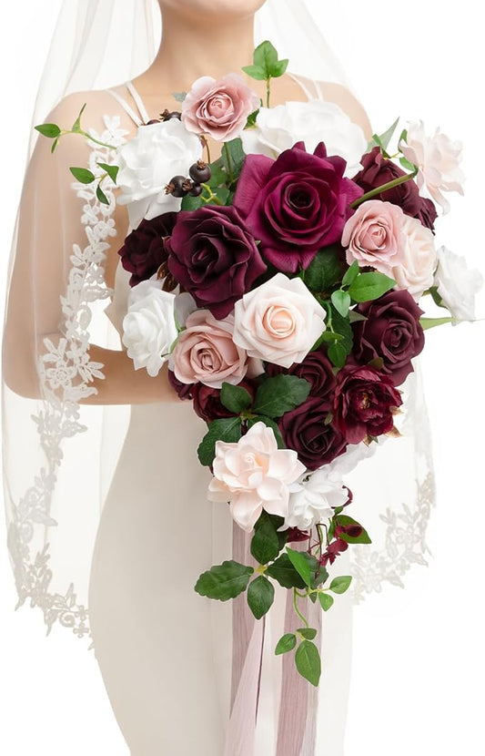 Ling's moment Red Bridal Bouquet Cascading, Burgundy Wedding Bouquets for Bride, 13 Inch Bride Bouquets for Wedding Artificial Flowers Bouquets