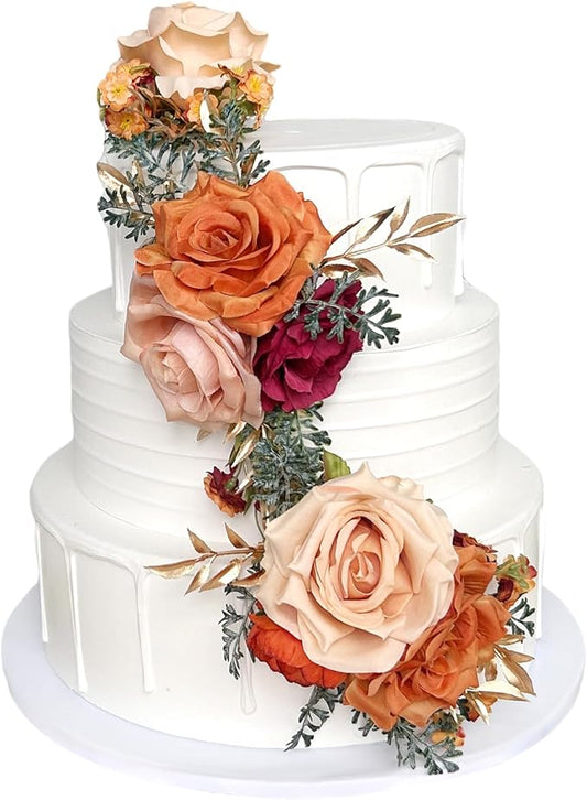 Pre-Made Burnt Orange Silk Flowers for Cakes Decorations Sunset Terracotta Artificial Rose Peony Fall Wedding Cake Toppers Decorating Fake Floral Rust Anniversary Birthday Party Arrangements Table