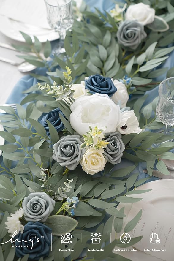 Ling's moment Flower Garland - 6FT Eucalyptus & Rose - Sweetheart Table Decor for Wedding Reception, Artificial Arch Floral Garland for Mantle, Christmas, Beach Decoration, Dusty Blue & White