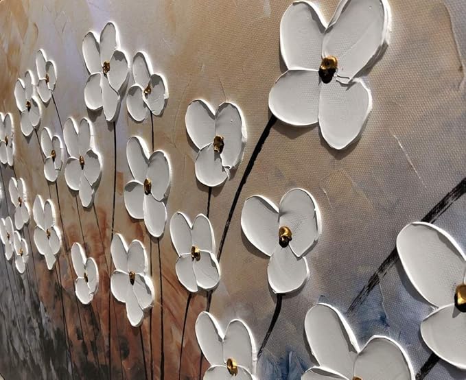 Yihui Arts Hand-Painted Oil Painting on Canvas Textured White Floral Wall Art Modern Horizontal Decor for Living Room Bedroom Office