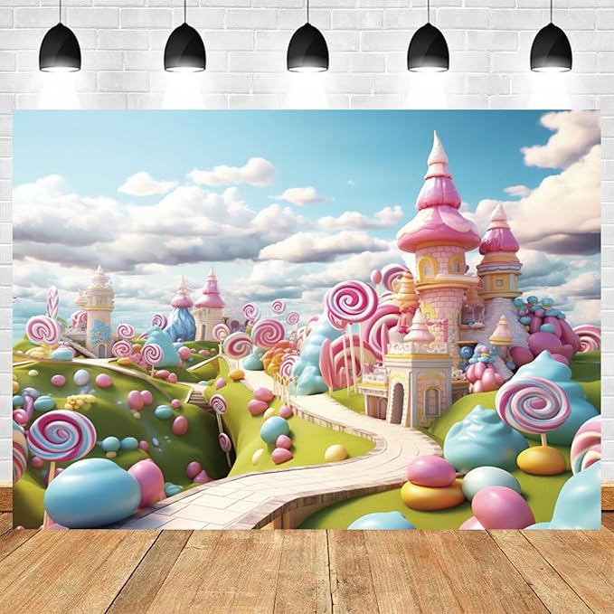 10x5ft Candyland Backdrop Fantasy Candy Castle Photography Background Sweet Lollipop Dream Blue Sky White Cloud Kids Birthday Banner Decorations Baby Shower Newborn Portrait Photo Booth Prop