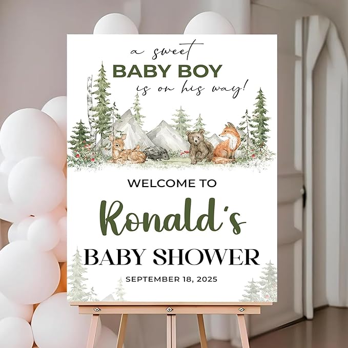 Personalized Baby Shower Welcome Sign With Stand, A Sweet Baby Boy Is On His Way Sign, Forest Animal Sign Decorations, Printable Garden Animal Welcome Sign
