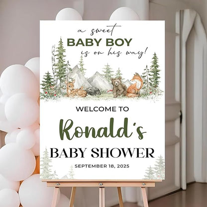 Personalized Baby Shower Welcome Sign With Stand, A Sweet Baby Boy Is On His Way Sign, Forest Animal Sign Decorations, Printable Garden Animal Welcome Sign