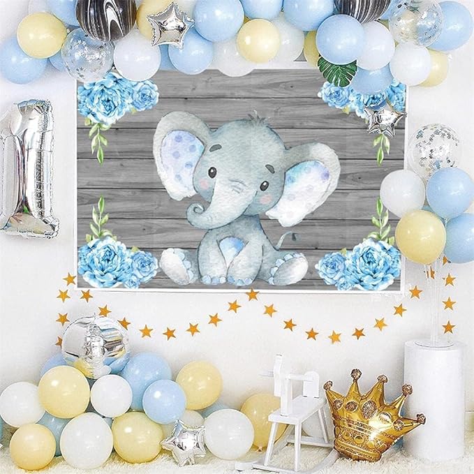 AOFOTO 8x6ft Rustic Grey Wood Elephant Backdrop Boy Baby Shower Party Decoration Photography Background Watercolor Flower Cartoon Animal Photo Studio Props Newborn Infant Kid Child Birthday Banner