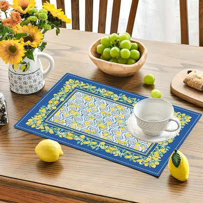 Lemon Placemats Set of 4, Farmhouse Blue Yellow Fruits Spring Summer Double-Sided Table Mats for Kitchen Dining Room Home Party Indoor Decor 4 PCS 12x18 Inch