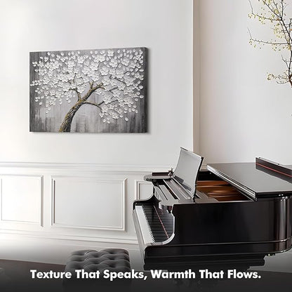 JUHOME Hand-Painted Black and White Thick Texture Flowers Abstract Oil Painting Wall Art,Floral Plum Blossom Tree with Raised Details,Modern Neutral Wall Decor for Home Bedroom,24x36
