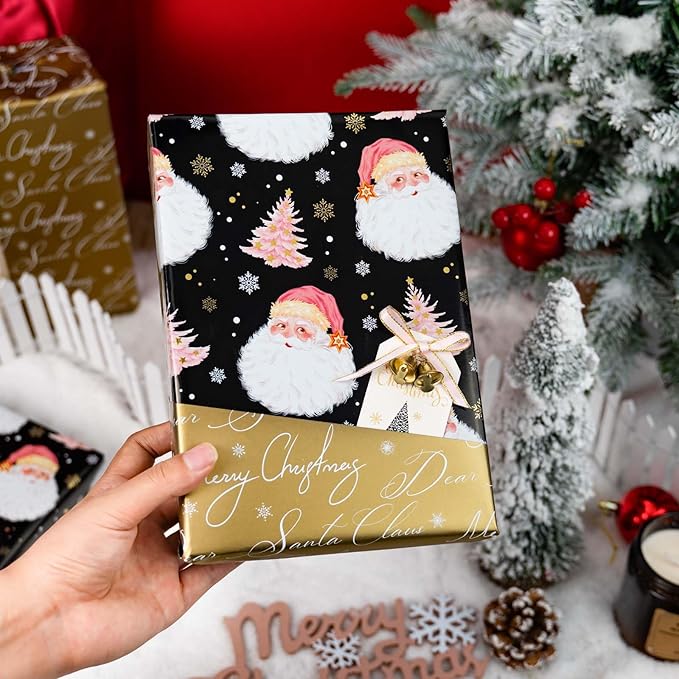 MAYPLUSS Christmas Wrapping Paper Roll - 17IN X 33FT - Black Gift Wrap Paper Featuring Santa Claus Snowflake Christmas Tree Reversible Gold for Kids, Holiday, New Year