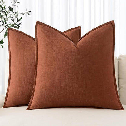 MIULEE Decorative Linen Euro Sham Pillow Covers 24x24 Rust Boho Farmhouse Neutral Couch Throw Pillows for Bed Pack of 2 Accent Modern Pillowcase Summer Sofa Livingroom Home Decor