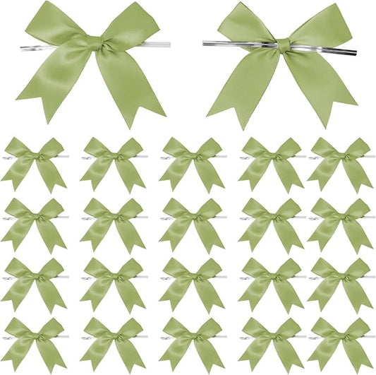 50 Counts Sage Green Twist Tie Bows 3.1" Pre-Tied Satin Ribbon Bow Decor Mini Twist Tie Bows for Gift Wrapping Treat Bags Cake Bridal Baby Shower Birthday Party Favors Wedding Decorations