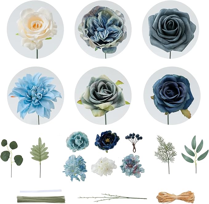 Senseya Artificial Flowers Combo Box for Decoration,Silk Mix Fake Flowers with Stems DIY Wedding Bouquets,Artificial Flowers Bulk Box Set Home Cake Decor (Blue)