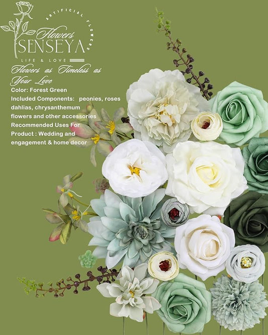 Senseya Artificial Flowers Combo Set, Green Silk Roses, Peonies, Dahlias with Stems for DIY Wedding Bouquets, Baby Shower, Table Centerpieces, Home Decor, Fake Floral Arrangements, Party Decorations