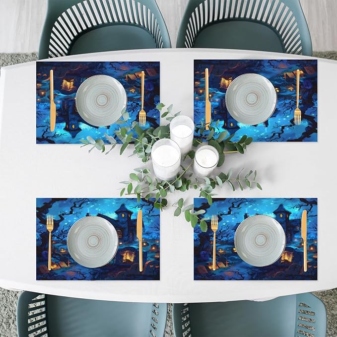 Halloween Castle Scary Blue Placemats Set of 1 PVC Vinyl Non Slip Table Mats Heat Resistant Place Mats Washable Wipeable Dining Table Mat for Kitchen Decor Party Indoor Outdoor Decorative Gift