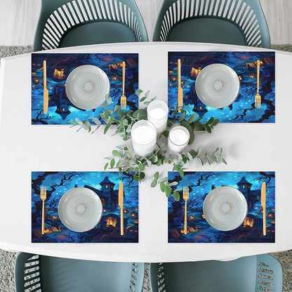 Halloween Castle Scary Blue Placemats Set of 1 PVC Vinyl Non Slip Table Mats Heat Resistant Place Mats Washable Wipeable Dining Table Mat for Kitchen Decor Party Indoor Outdoor Decorative Gift