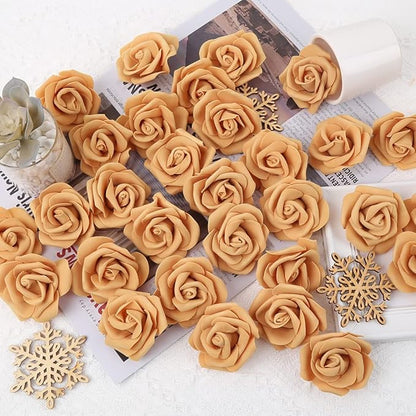 Artificial Rose Flower Heads, 100pcs Gold Yellow Roses Artificial Flower Foam Rose for DIY Wedding Bouquets Centerpieces Arrangements Party Baby Shower Home Decor (Stemless,Gold Yellow)