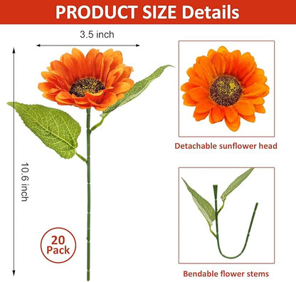 20 PCS Fake Silk Sunflowers Artificial Flower with Stems for Home Wedding Party Centerpieces Decoration Bridal Bouquets Tables Floral Arrangements Wreath DIY Art Crafts Decor (Orange)