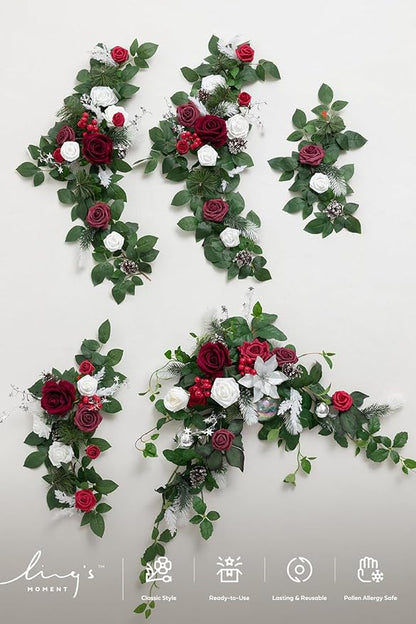Ling's moment Christmas Eucalyptus Garland with Flowers 6FT，Table Runner with Flowers Marsala Mantle Decor Handcrafted Wedding Centerpieces for Rehearsal Dinner Bridal Shower | Red & White