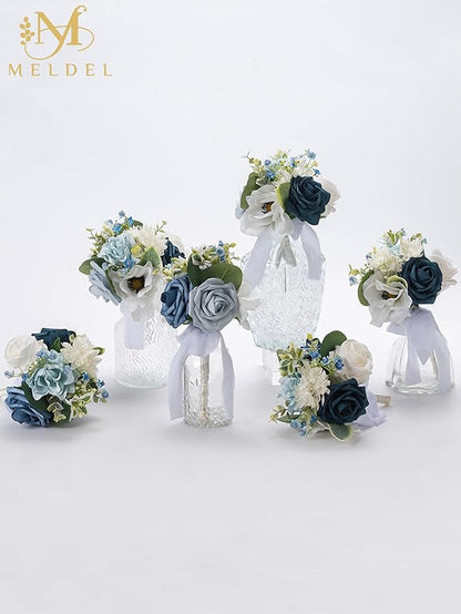 Meldel Blue Wedding Bouquet Set of 6, Mini Bridesmaid Bride Bouquets, Small Bridal Flowers, Fake Flower Artificial Floral Wedding Centerpieces Decor Party Prom