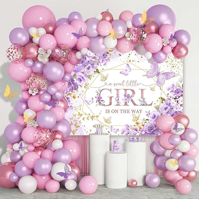 Sensfun Butterfly Baby Shower Backdrop A Sweet Little Girl is On The Way Photography Background Purple Butterfly Floral Princess Baby Shower Decorations Banner Party Supplies Photoshoot Props 8x6ft