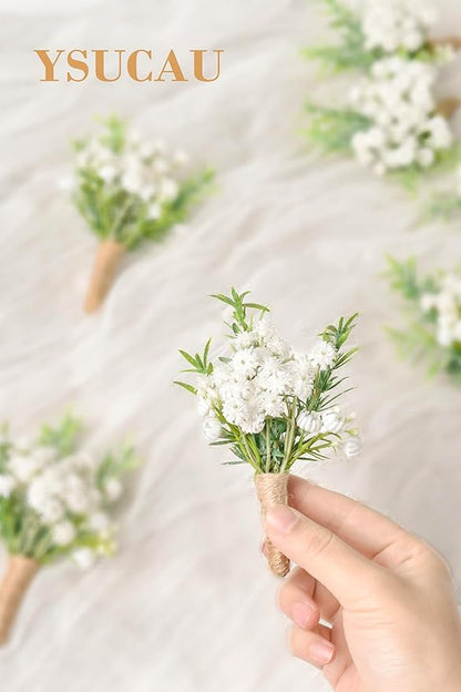 Baby Breath Boutonnieres for Men Wedding,Set of 2, Natural White Groom and Groomsmen Boutonniere with Pin for Rustic Fall Vintage Wedding, Prom and Homecoming