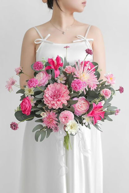 Artificial Flowers Heads Combo Pink Flowers Mix Silk Flowers Dahlia Roses for Graduation Cap DIY Cake Wedding Party Floral Arrangement Table Centerpieces Home Decorations