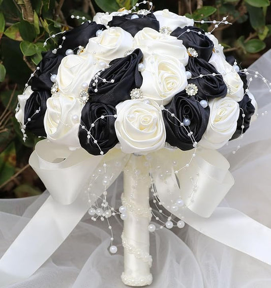 Bridal Wedding Bouquet Round Bling Brooch Bouquet Throw Toss Artificial Rose Flower Bunch for Bride Bridesmaid Wedding Quinceanera(Black & Ivory, 6.3")