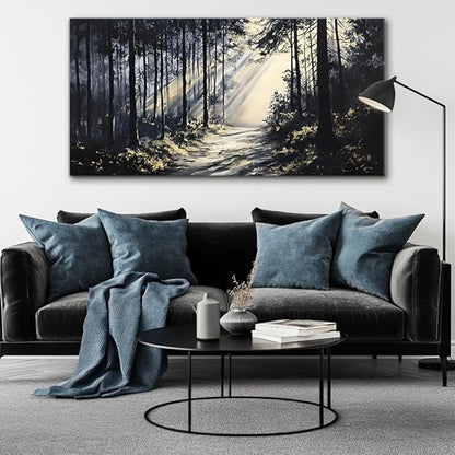 LAVIKARS Rustic Sunlight Forest Wall Art for Living Room Office Black and White Modern Landscape Canvas Painting Prints Large Nature Artwork Home Kitchen Bedroom Decor (28x58 Inches)