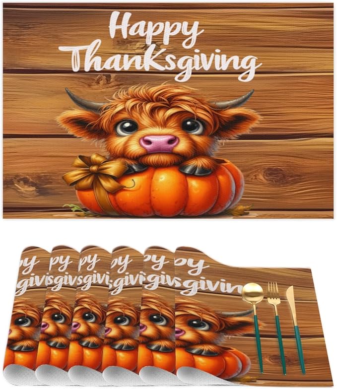 Thanksgiving Pumpkin Highland Cow Placemats Set of 6 PVC Vinyl Non Slip Table Mats Heat Resistant Place Mats Washable Wipeable Dining Table Mat for Kitchen Decor Party Indoor Outdoor Decorative Gift