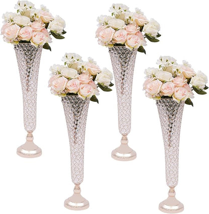 4 Pcs 21 Inch Tall Gold Crystal Vase for Centerpieces, Wedding Christmas Metal Crystal Trumpet Flower Vase Stand for Table Floor Party Banquet Celebration