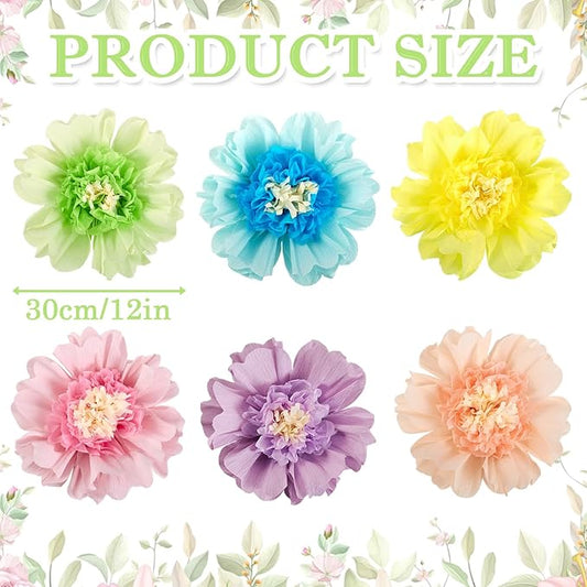 SUNBEAUTY Mexican Paper Flowers Decorations 6 PCS Colorful Fiesta Giant DIY Bulletin Board Large Pastel Tissue Paper Pom Poms 12" for Party Birthday Wedding Nursery Baby Bridal Shower Backdrop