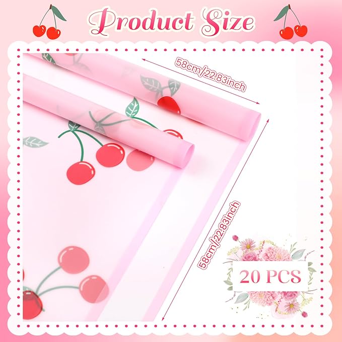 Liobelon 20 Sheets Flower Wrapping Paper Waterproof Bouquet Paper with Cherry Pattern Pink Gift Wrapping Paper for Flower Shop, Wedding, Birthday Party, Handmade DIY, Anniversary 22.8 x 22.8 Inch