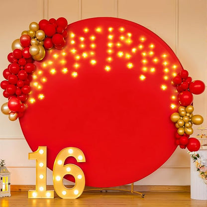 7.2 FT Red Round Backdrop Cover with Lights String for Circle Arch Stand Circle Backdrop Covers with LED Fairy Lights for Wedding Arch Baby Shower Birthday Party Photo Shoot Photography Background