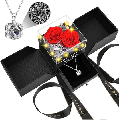 2 Preserved Real Rose with Heart I Love You Necklace- Eternal Rose Birthday Gifts for Women Wife Girlfriend Her Mom Grandma on Festivals Gifts Christmas Valentines Mothers Day Anniversary-Red Rose